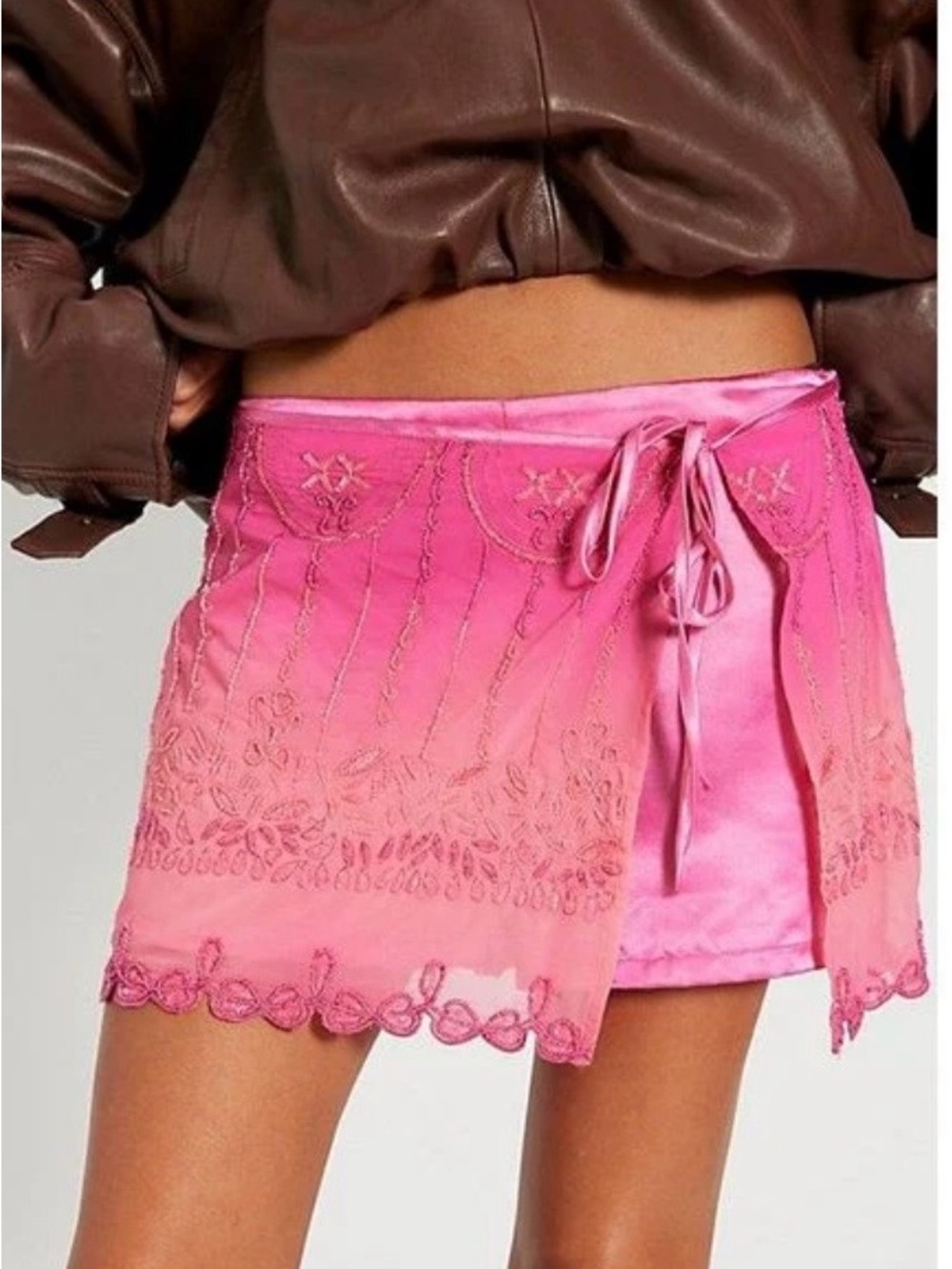 NWT! Free People Pink Embroidered Sequin Tie-Waist Mini Skort